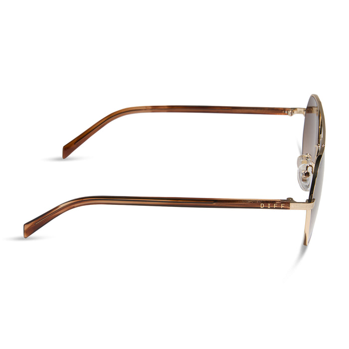 jojo fletcher x diff eyewear joelle navigator sunglasses with a gold metal and horn tortoise temples with brown gradient lenses side view