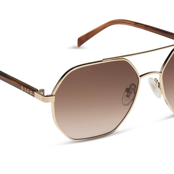 jojo fletcher x diff eyewear joelle navigator sunglasses with a gold metal and horn tortoise temples with brown gradient lenses detailed view