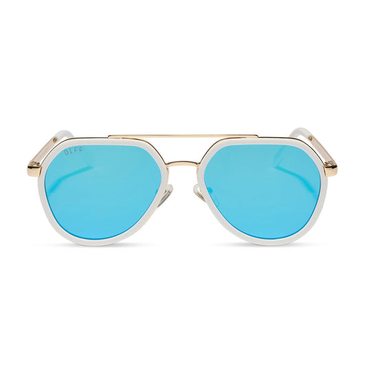 diff eyewear featuring the joey round sunglasses with a snowbound & gold metal frame with blue mirror lenses front view