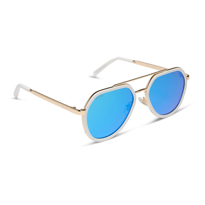 diff eyewear featuring the joey round sunglasses with a snowbound & gold metal frame with blue mirror lenses angled view