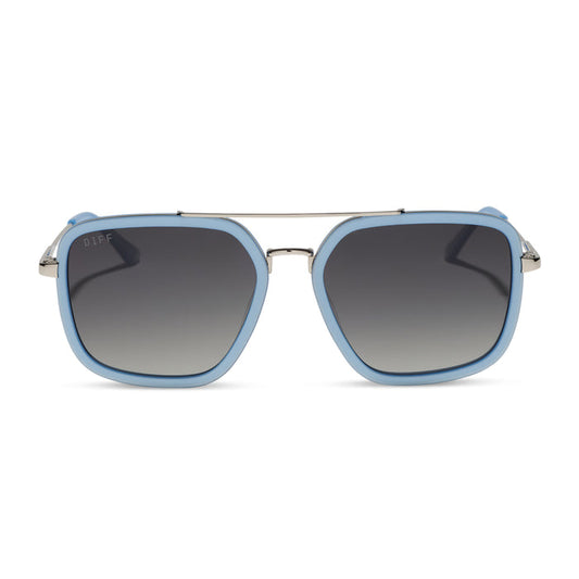 diff eyewear featuring the jordan navigator sunglasses with a light blue and silver frame with grey gradient polarized lenses front view