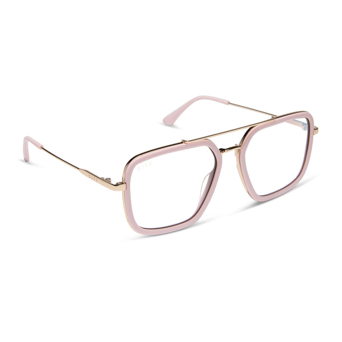 diff eyewear featuring the jordan navigator prescription glasses with a powder pink and gold frame angled view