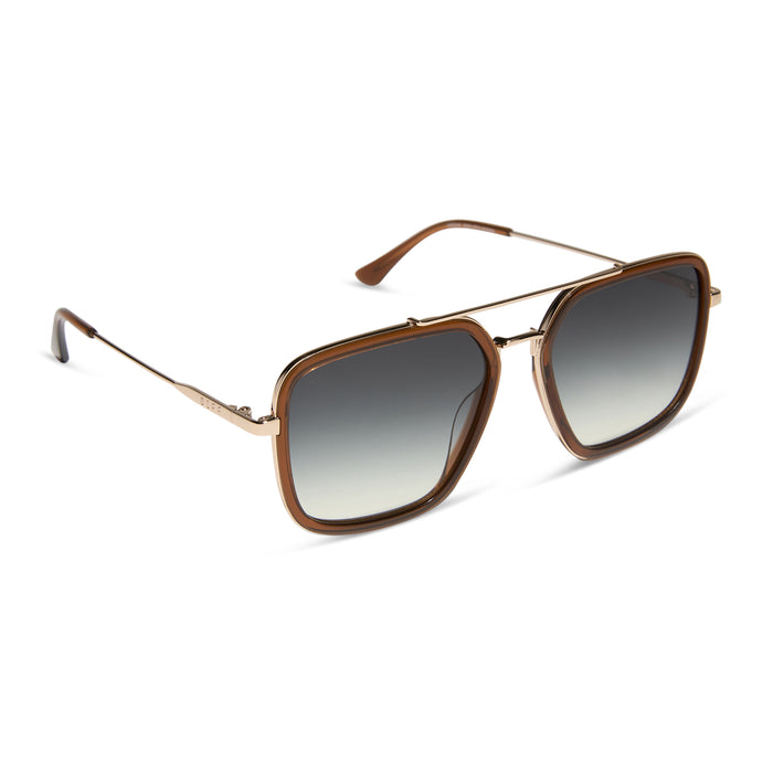 diff eyewear featuring the jordan navigator sunglasses with a whiskey with gold frame and grey gradient lenses angled view