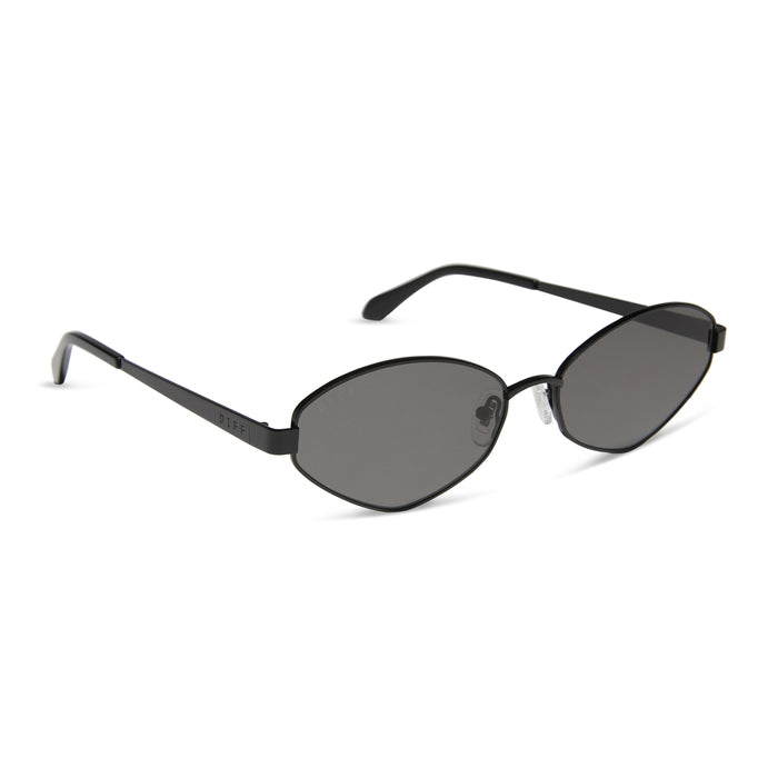 jojo fletcher x diff eyewear jordy cat eye sunglasses with a black metal frame and grey polarized lenses angled view