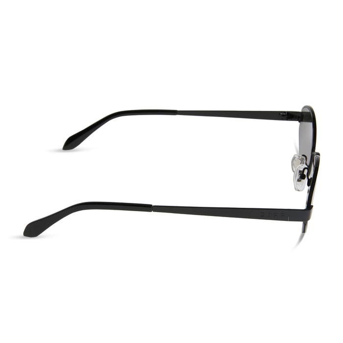 jojo fletcher x diff eyewear jordy cat eye sunglasses with a black metal frame and grey polarized lenses side view
