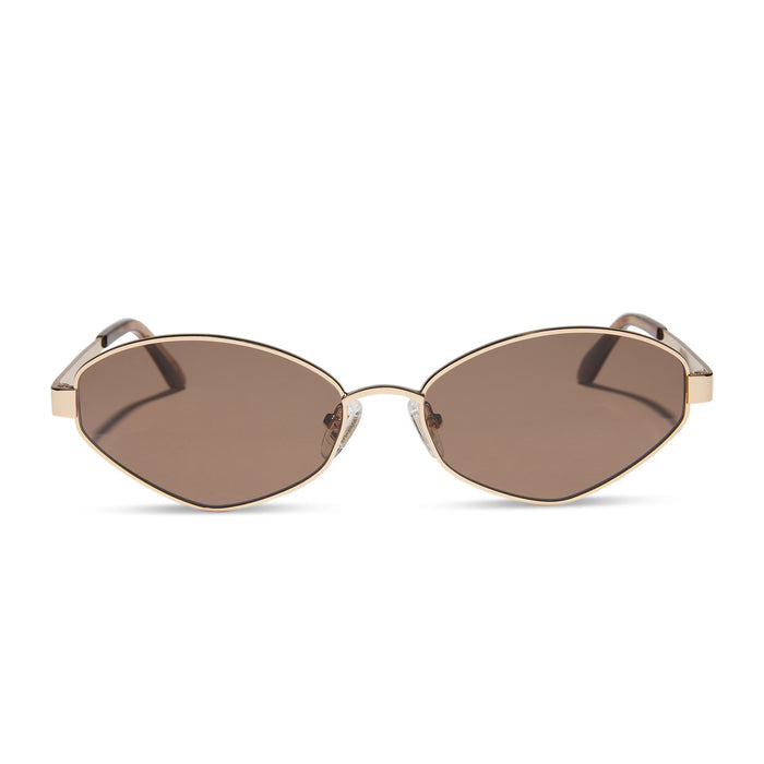 jojo fletcher x diff eyewear jordy cat eye sunglasses with a gold metal frame horn tortoise temples and brown lenses front view