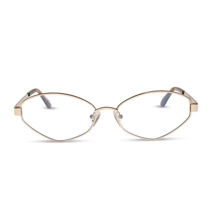 jojo fletcher x diff eyewear jordy cat eye prescription glasses with a gold metal frame chocolate crystal temples front view