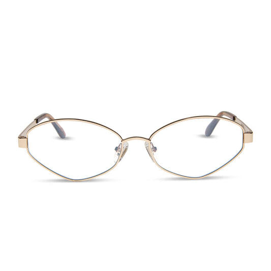 jojo fletcher x diff eyewear jordy cat eye prescription glasses with a gold metal frame chocolate crystal temples front view
