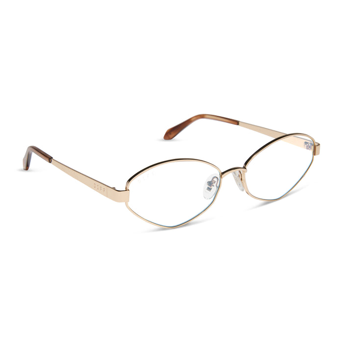jojo fletcher x diff eyewear jordy cat eye prescription glasses with a gold metal frame chocolate crystal temples angled view