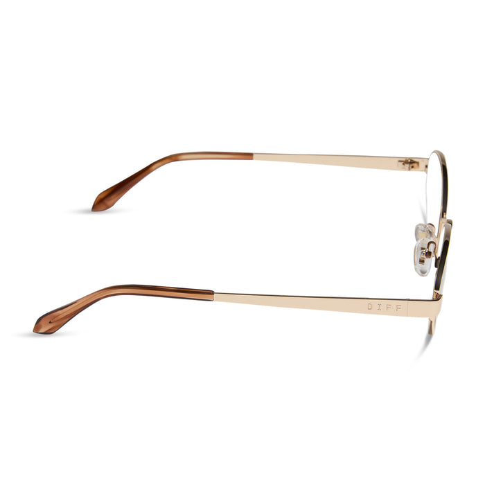 jojo fletcher x diff eyewear jordy cat eye prescription glasses with a gold metal frame chocolate crystal temples side view