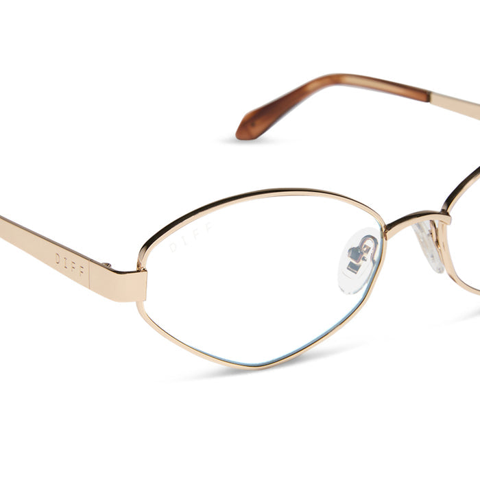 jojo fletcher x diff eyewear jordy cat eye prescription glasses with a gold metal frame chocolate crystal temples detailed view