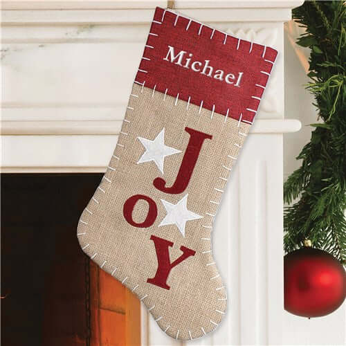 Joy Burlap Embroidered Stocking