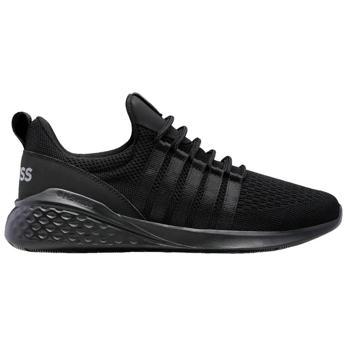 A black athletic sneaker features a mesh upper with crisscross straps and a cushioned sole designed for comfort and support in various activities, set against a plain white background.