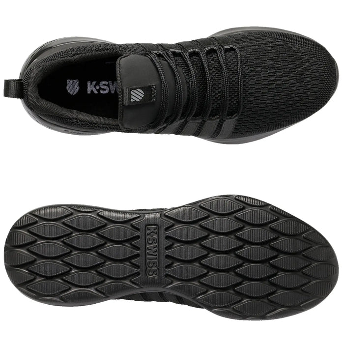 A pair of black athletic shoes is displayed from the top and bottom views showcasing a textured upper design and a patterned rubber sole with the brand name K-Swiss prominently featured.