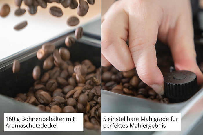 Nahaufnahme von Kaffeebohnen, die in den Unold Kaffeevollautomaten LUCA eingefüllt werden (links) und einer Hand, die den Mahlgradknopf verstellt (rechts). Der deutsche Text hebt das Fassungsvermögen des Bohnenbehälters und die einstellbaren Mahlgrade hervor.