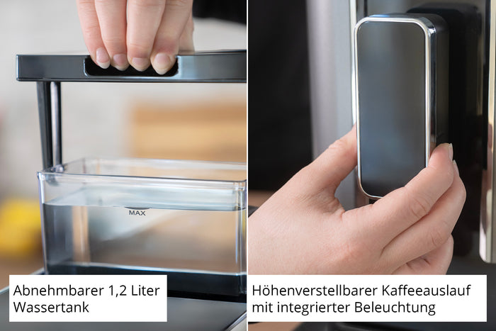 Auf einem geteilten Bild ist zu sehen, wie eine Hand links den abnehmbaren 1,2-Liter-Wassertank des Unold Kaffeevollautomaten LUCA anhebt und rechts dessen höhenverstellbaren, beleuchteten Kaffeeauslauf verstellt.
