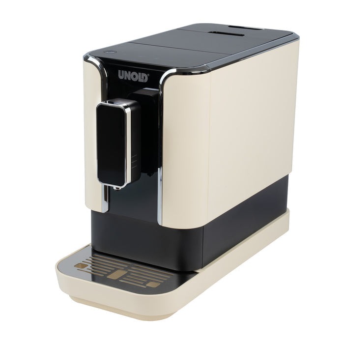 Der Unold Kaffeevollautomat LUCA ist ein cremefarbener und schwarzer Kaffeevollautomat mit modernem, schlankem, rechteckigem Design, der über einen großen Frontauslauf und eine Metallgitter-Tropfschale verfügt.