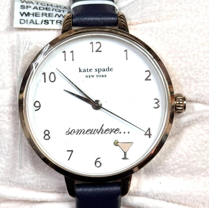 Kate Spade KSW1525 Womens Analog Quartz Metro Three-Hand Navy Blue Leather Strap Watch, 34mm