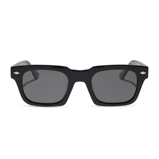 yellowstone x diff eyewear featuring the kayce dutton square sunglasses with a classic black acetate frame and grey polarized lenses front view