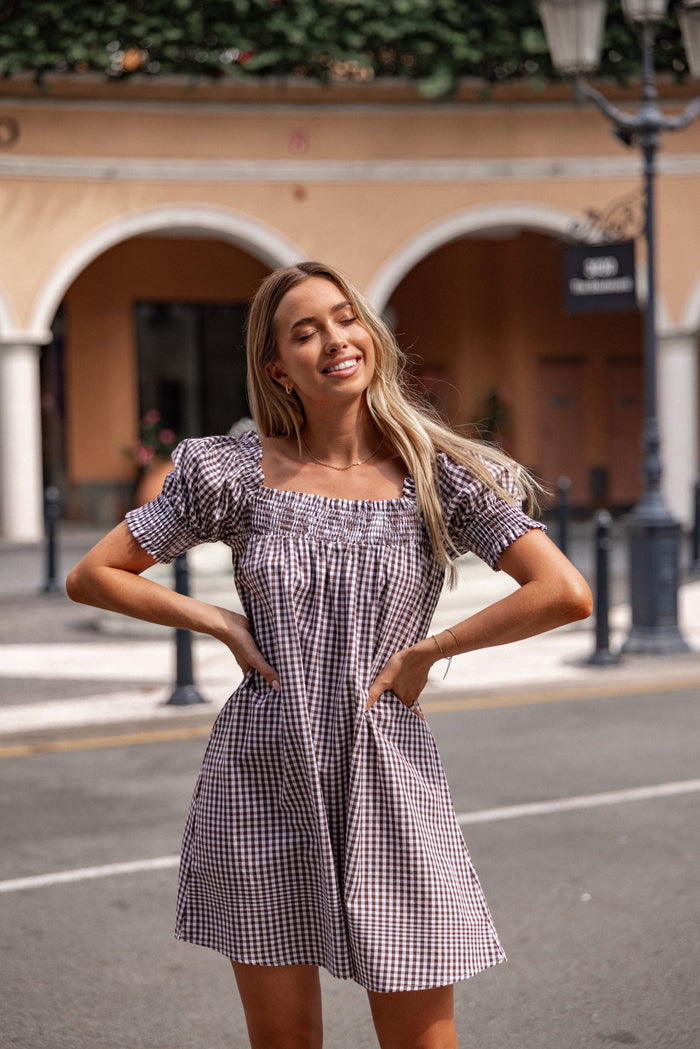 Petal and Pup USA DRESSES Kennedy Smock Mini Dress - Chocolate Gingham