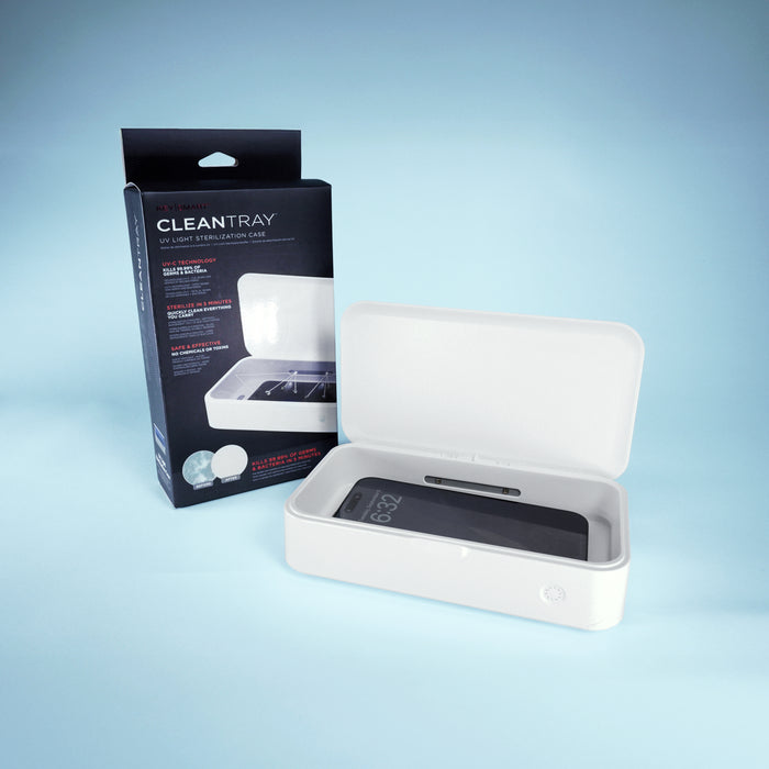 White UV light sterilization tray with open lid on a light blue background, accompanied by its packaging.