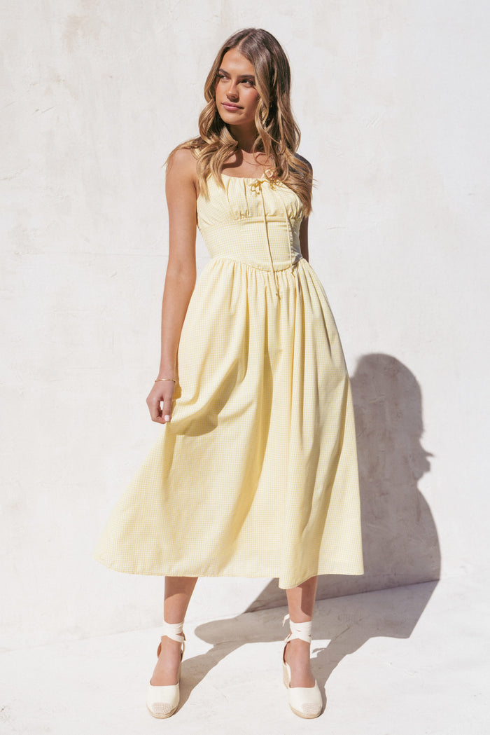 Petal and Pup USA DRESSES Kinslee Midi Dress - Yellow Gingham