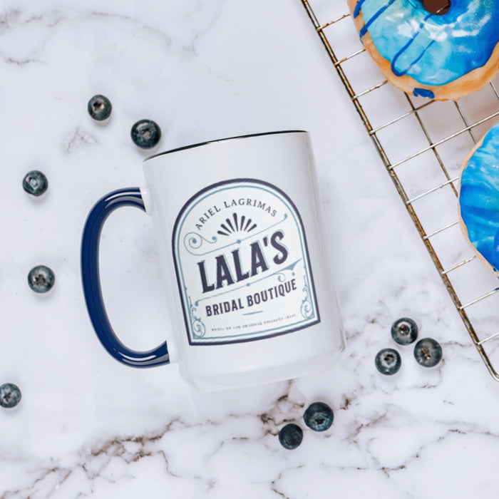 Lala's Bridal Boutique Mug - The Bean Workshop - Arched Crest Badge, Blue and Cream Color Palette, Ceramic Mug, Lalas Bridal Boutique Ceramic Mug for Book Lovers, Morning Coffee Ritual, Once Upon a Broken Heart, Reading Nook Companion, Stephanie Garber, Storybook Boutique, The Unwed Bride Fan Gift, Vintage Bridal, Vintage Flourish Typography