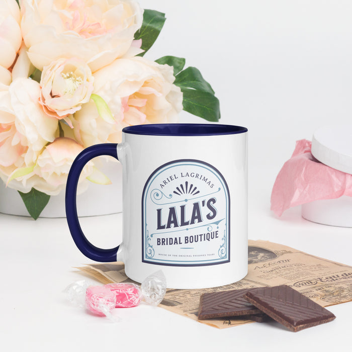 Lala's Bridal Boutique Mug - The Bean Workshop - Arched Crest Badge, Blue and Cream Color Palette, Ceramic Mug, Lalas Bridal Boutique Ceramic Mug for Book Lovers, Morning Coffee Ritual, Once Upon a Broken Heart, Reading Nook Companion, Stephanie Garber, Storybook Boutique, The Unwed Bride Fan Gift, Vintage Bridal, Vintage Flourish Typography
