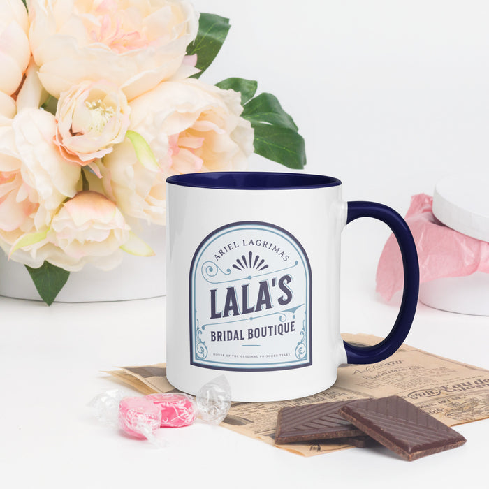 Lala's Bridal Boutique Mug - The Bean Workshop - Arched Crest Badge, Blue and Cream Color Palette, Ceramic Mug, Lalas Bridal Boutique Ceramic Mug for Book Lovers, Morning Coffee Ritual, Once Upon a Broken Heart, Reading Nook Companion, Stephanie Garber, Storybook Boutique, The Unwed Bride Fan Gift, Vintage Bridal, Vintage Flourish Typography