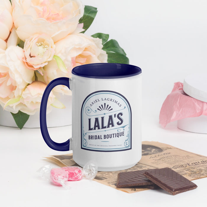 Lala's Bridal Boutique Mug - The Bean Workshop - Arched Crest Badge, Blue and Cream Color Palette, Ceramic Mug, Lalas Bridal Boutique Ceramic Mug for Book Lovers, Morning Coffee Ritual, Once Upon a Broken Heart, Reading Nook Companion, Stephanie Garber, Storybook Boutique, The Unwed Bride Fan Gift, Vintage Bridal, Vintage Flourish Typography