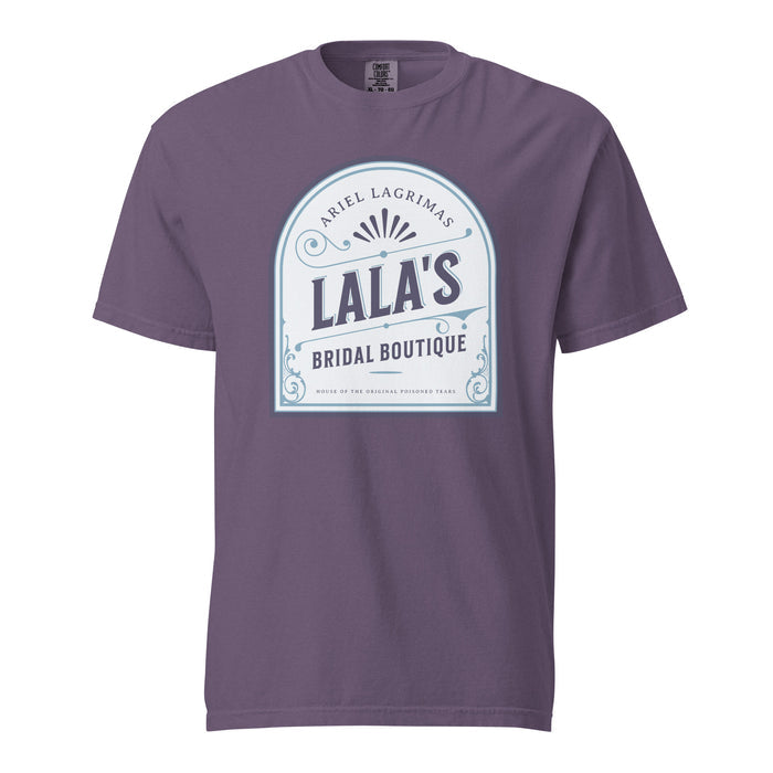 Lala's Bridal Boutique T-Shirt - The Bean Workshop - Arched Crest Badge, Blue and Cream Color Palette, Book Club Outfit, Everyday Bookish Style, Lalas Bridal Boutique T-Shirt for Book Lovers, Once Upon a Broken Heart, Stephanie Garber, Storybook Boutique, T-Shirt, The Unwed Bride Fan Gift, Vintage Bridal, Vintage Flourish Typography