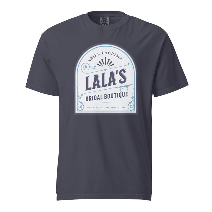 Lala's Bridal Boutique T-Shirt - The Bean Workshop - Arched Crest Badge, Blue and Cream Color Palette, Book Club Outfit, Everyday Bookish Style, Lalas Bridal Boutique T-Shirt for Book Lovers, Once Upon a Broken Heart, Stephanie Garber, Storybook Boutique, T-Shirt, The Unwed Bride Fan Gift, Vintage Bridal, Vintage Flourish Typography