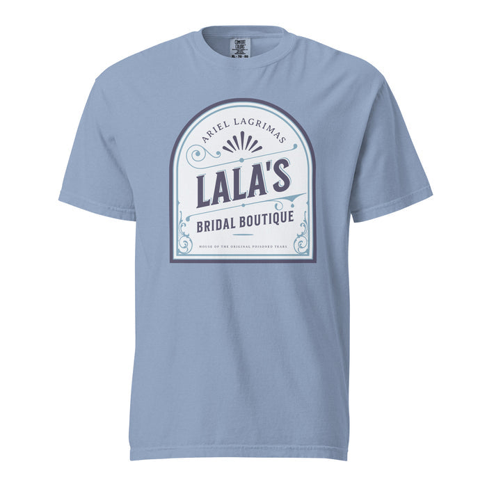 Lala's Bridal Boutique T-Shirt - The Bean Workshop - Arched Crest Badge, Blue and Cream Color Palette, Book Club Outfit, Everyday Bookish Style, Lalas Bridal Boutique T-Shirt for Book Lovers, Once Upon a Broken Heart, Stephanie Garber, Storybook Boutique, T-Shirt, The Unwed Bride Fan Gift, Vintage Bridal, Vintage Flourish Typography