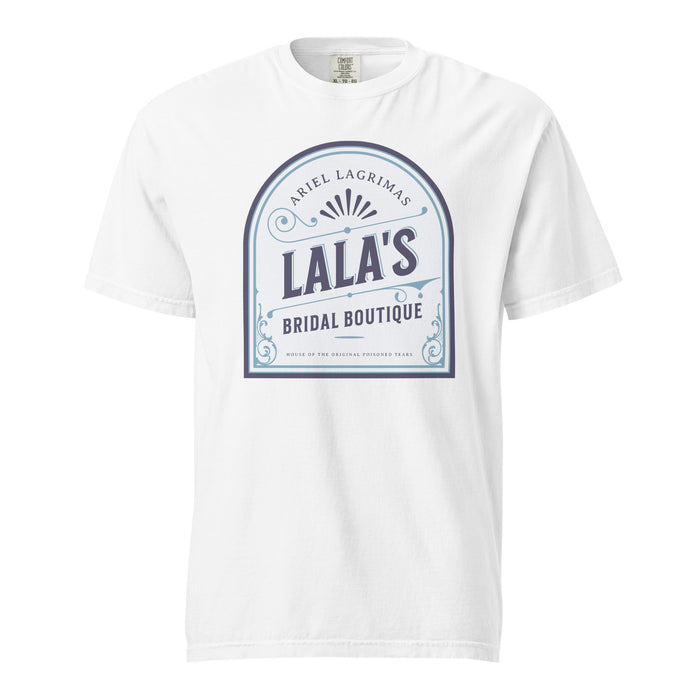 Lala's Bridal Boutique T-Shirt - The Bean Workshop - Arched Crest Badge, Blue and Cream Color Palette, Book Club Outfit, Everyday Bookish Style, Lalas Bridal Boutique T-Shirt for Book Lovers, Once Upon a Broken Heart, Stephanie Garber, Storybook Boutique, T-Shirt, The Unwed Bride Fan Gift, Vintage Bridal, Vintage Flourish Typography