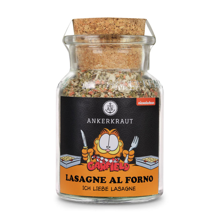 Lasagne Gewürz von Ankerkraut im Korkenglas auf weißem Hintergrund.