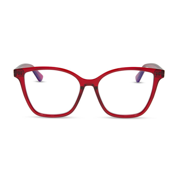 diff eyewear featuring the leah square bleu light readers in red hot summer front view