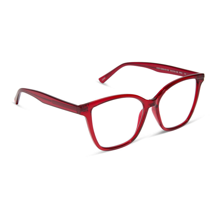 diff eyewear featuring the leah square bleu light readers in red hot summer angled view