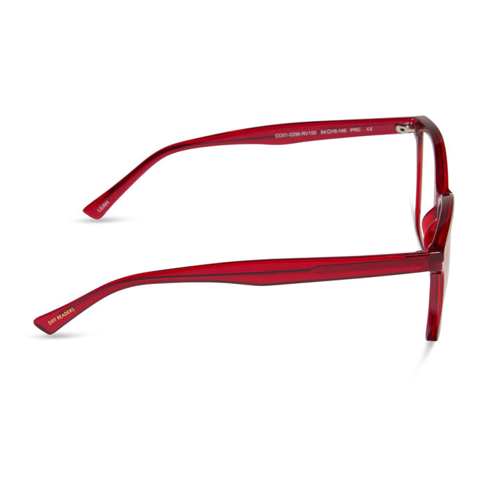 diff eyewear featuring the leah square bleu light readers in red hot summer side view