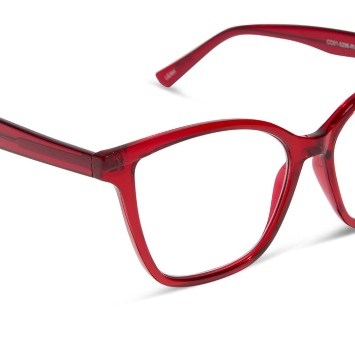 diff eyewear featuring the leah square bleu light readers in red hot summer detailed view