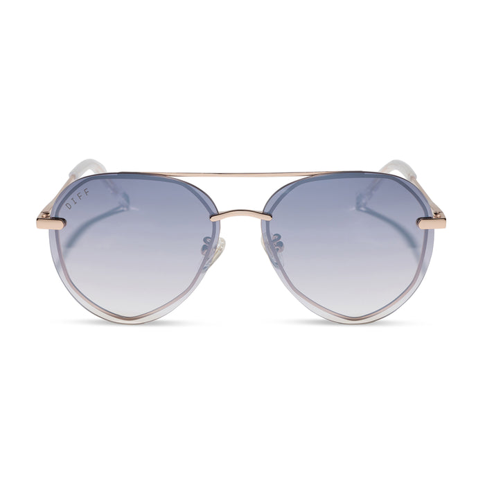 diff eyewear featuring the lenox xs aviator sunglasses with a champagne gold (light gold) frame and blue slate gradient with silver flash lenses front view