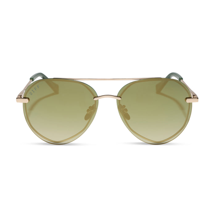 diff eyewear featuring the lenox xs aviator sunglasses with a gold metal frame and aloe green gradient with light gold flash polarized lenses front view