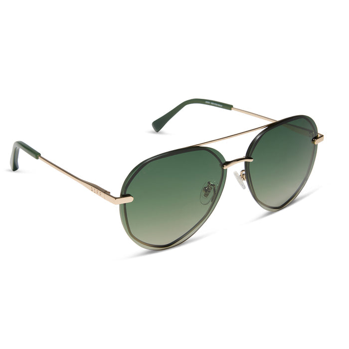 diff eyewear featuring the lenox xs aviator sunglasses with a gold metal frame and aloe green gradient with light gold flash polarized lenses angled view