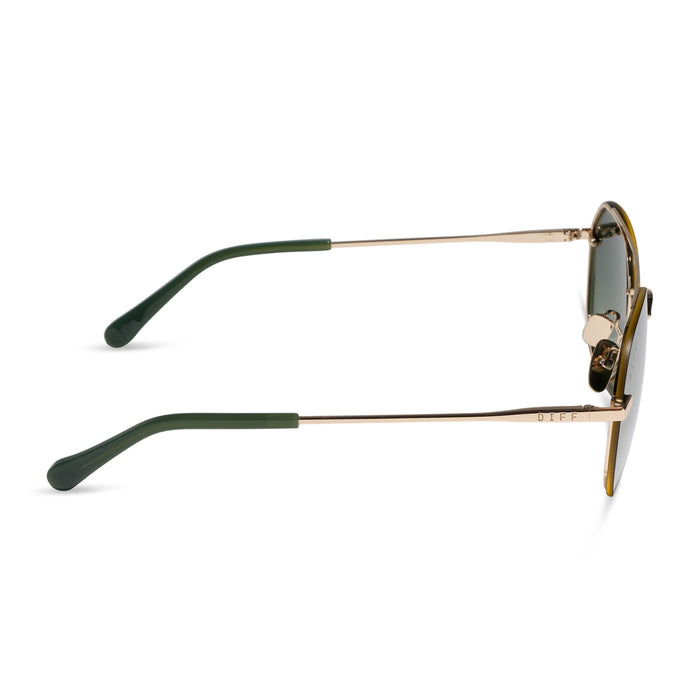 diff eyewear featuring the lenox xs aviator sunglasses with a gold metal frame and aloe green gradient with light gold flash polarized lenses side view