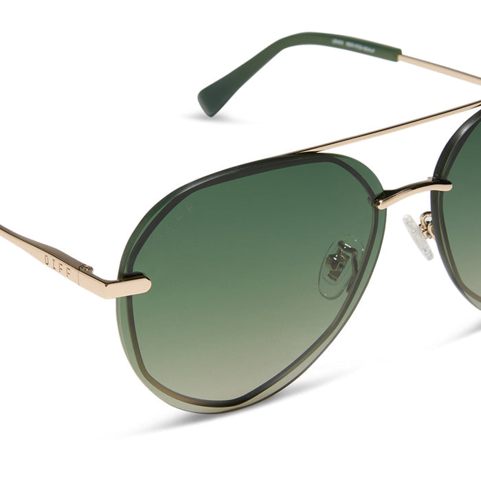 diff eyewear featuring the lenox xs aviator sunglasses with a gold metal frame and aloe green gradient with light gold flash polarized lenses detailed view