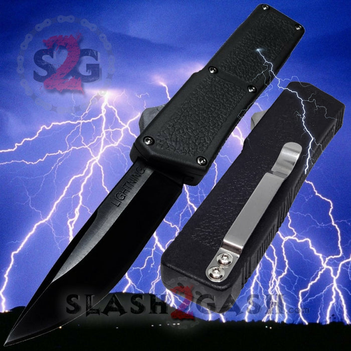 Taiwan Lightning OTF Dual Action Black Automatic Knife - Tactical Plain Edge