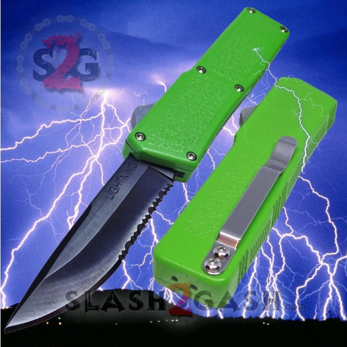 Lightning OTF Dual Action Green Automatic Knife - Tactical Serrated Edge