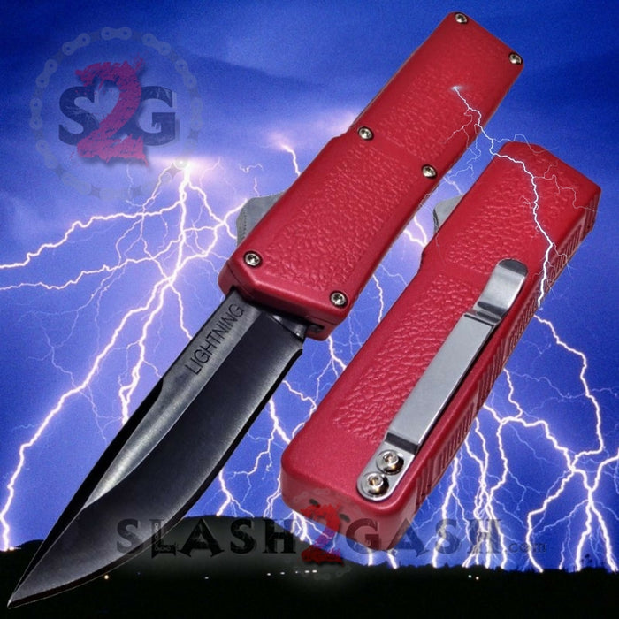 Lightning OTF Dual Action Red Automatic Knife - Tactical Plain Edge