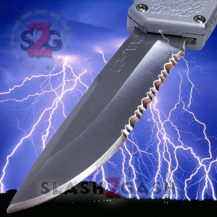 Taiwan Lightning OTF Dual Action Silver Automatic Knife - Satin Serrated Edge