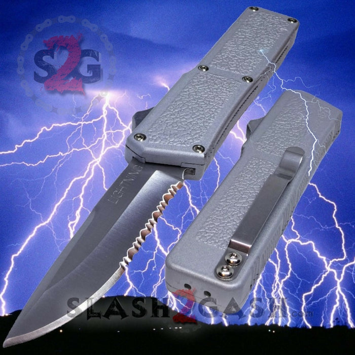 Taiwan Lightning OTF Dual Action Silver Automatic Knife - Satin Serrated Edge