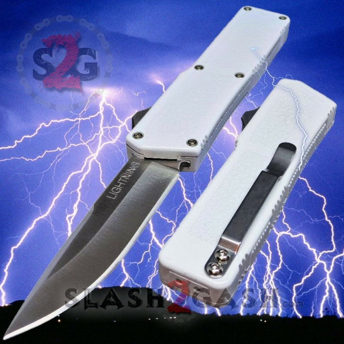Taiwan Lightning OTF Dual Action White Automatic Knife - Satin Plain Edge